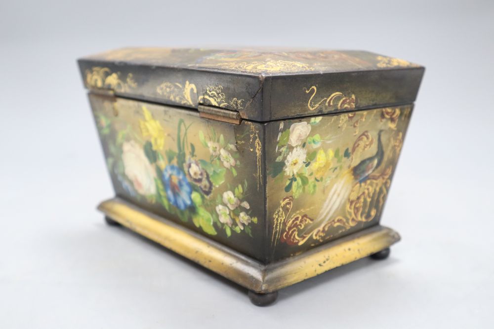 A Victorian floral painted papier mache tea caddy, length 20cm